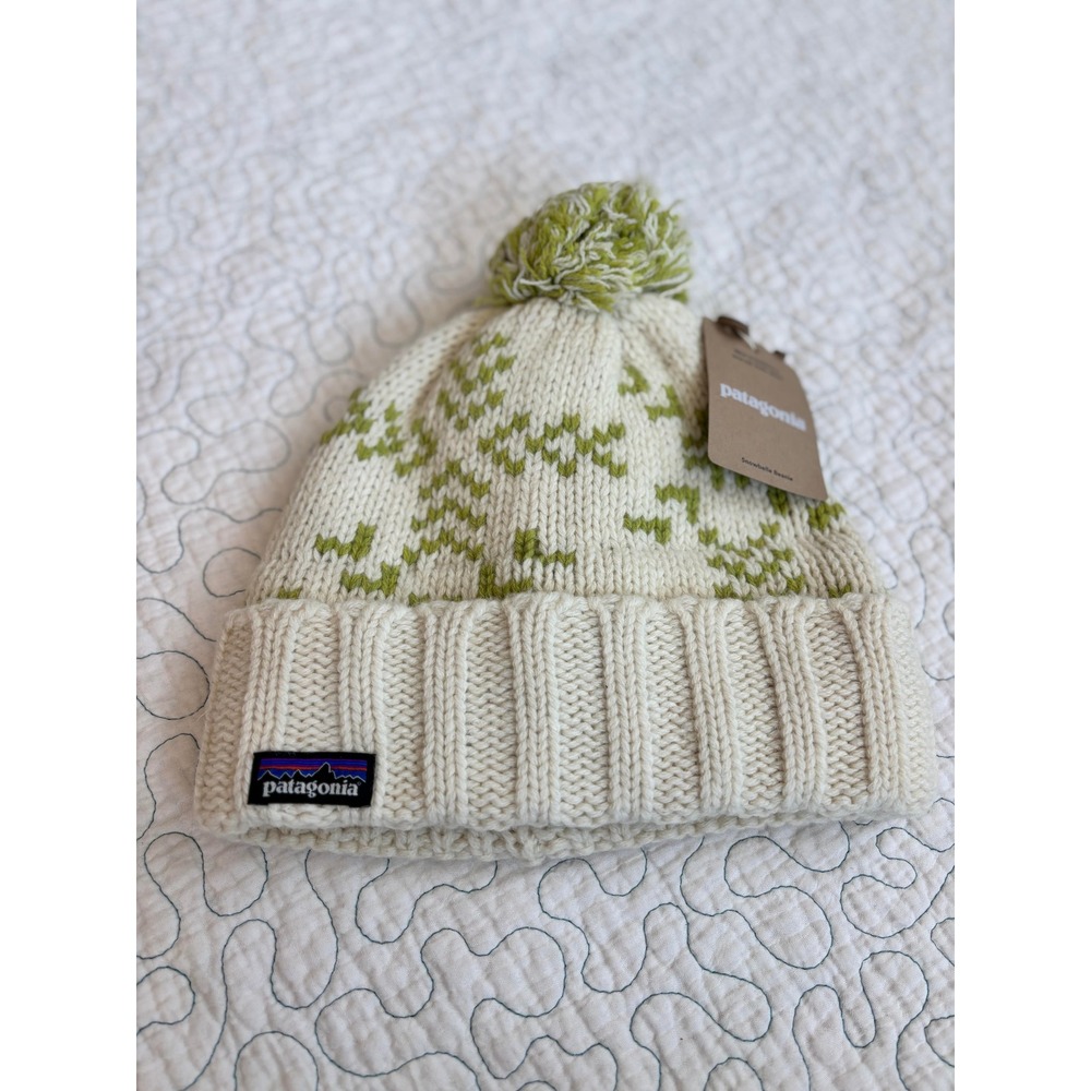 Patagonia Snowbelle‎ Beanie Evergreen Flakes & Birch White Pom Pom Knit Hat OSFM